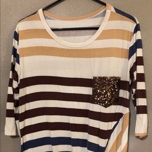 HELLO PINK l Sequin pocket striped shirt